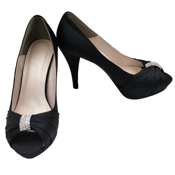 Davids Bridal Black Satin Peep Toe Heels With Rhinestone Accent Size 7.5 - Picture 1 of 12